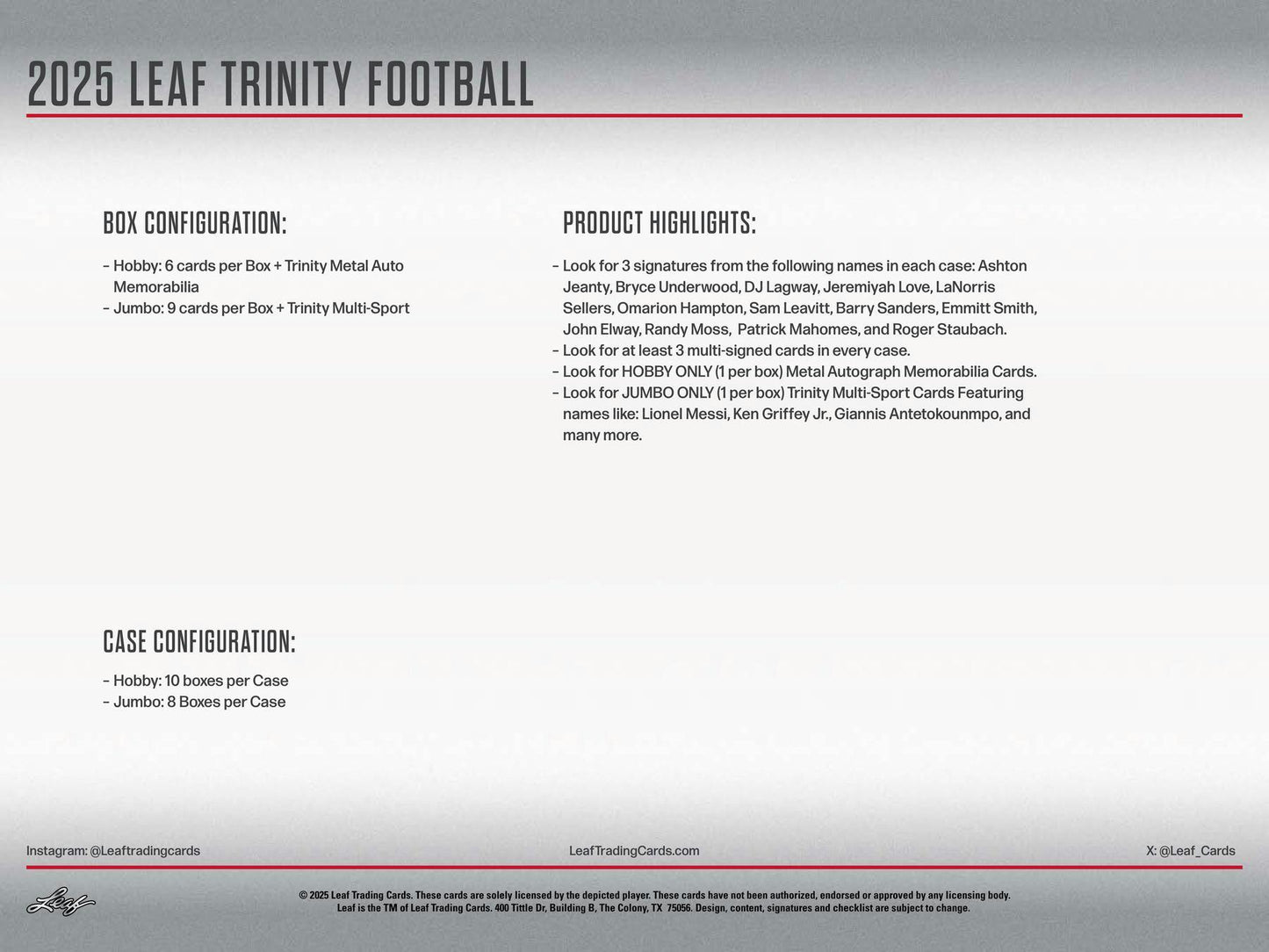 2025 Leaf Trinity Football Hobby Box | Columbia Sports Cards - Columbia Hobby - Sports Card Boxes - Toploaders - Card Savers