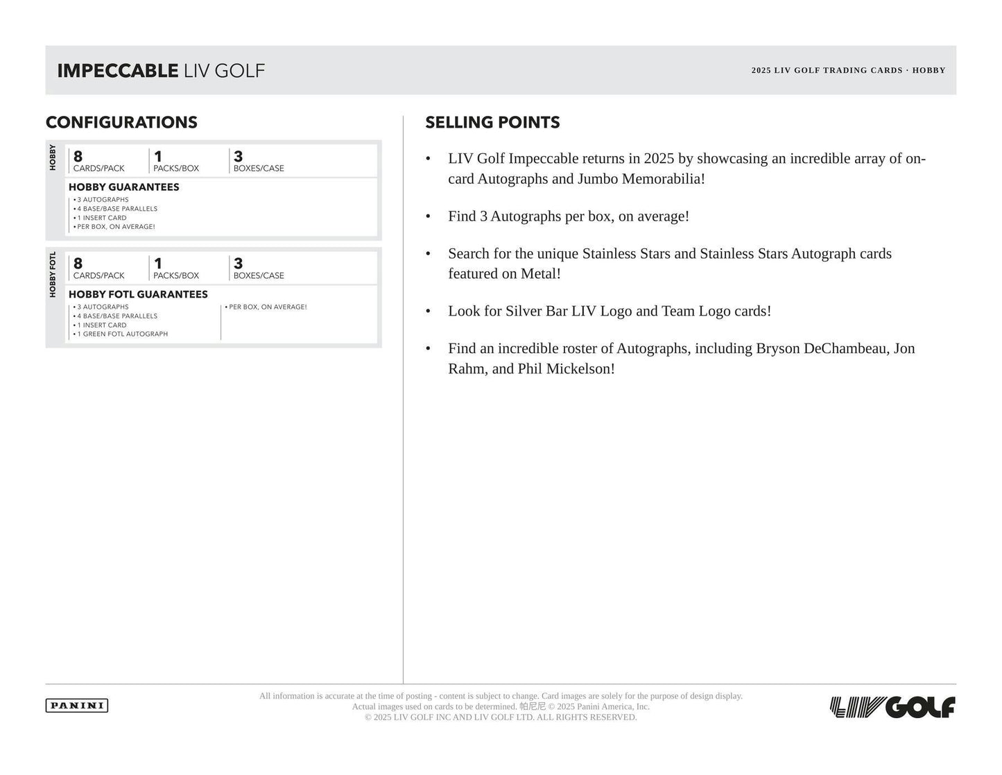 2025 Panini Impeccable LIV Golf Hobby Box | Columbia Sports Cards - Columbia Hobby - Sports Card Boxes - Toploaders - Card Savers