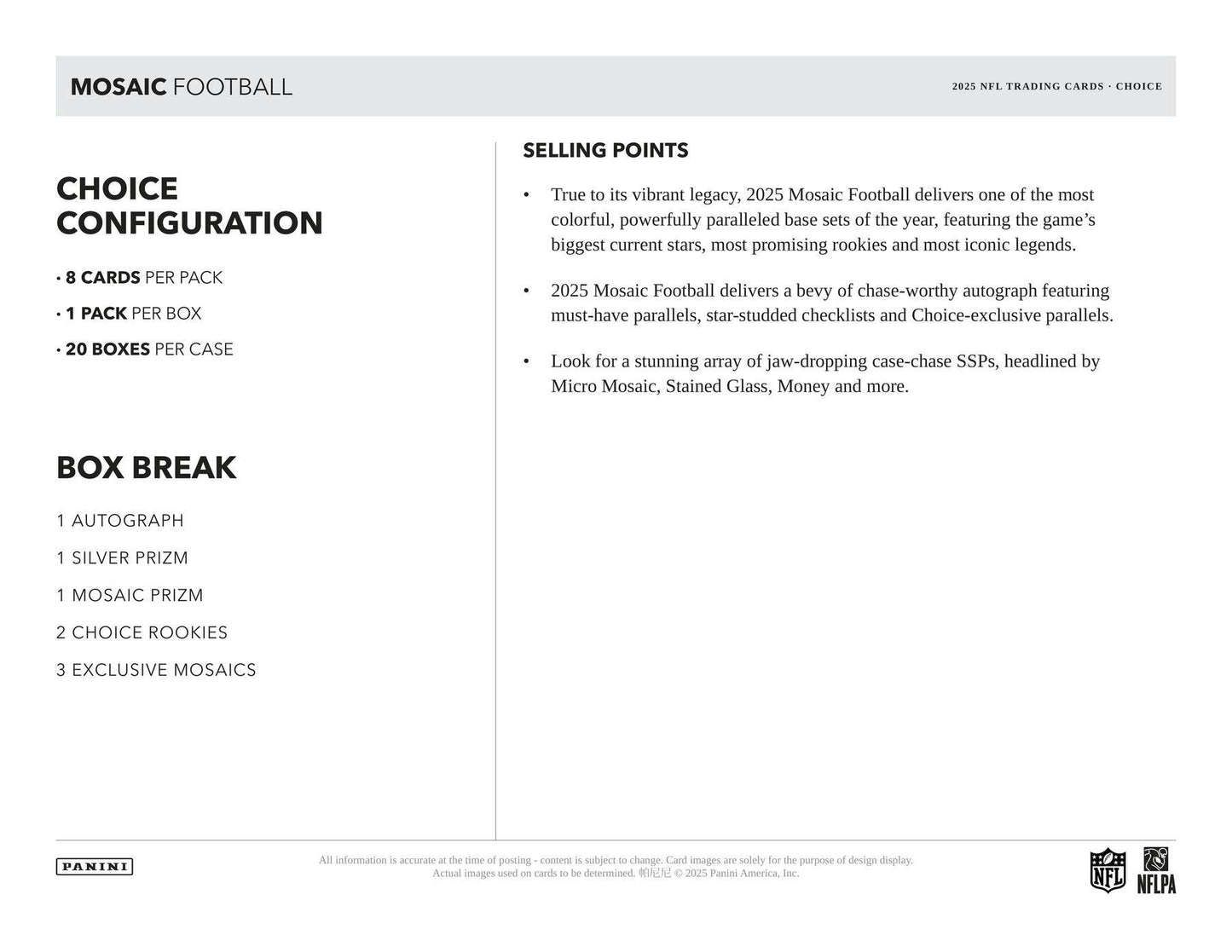 2025 Panini Mosaic Football Choice Box | Columbia Sports Cards - Columbia Hobby - Sports Card Boxes - Toploaders - Card Savers