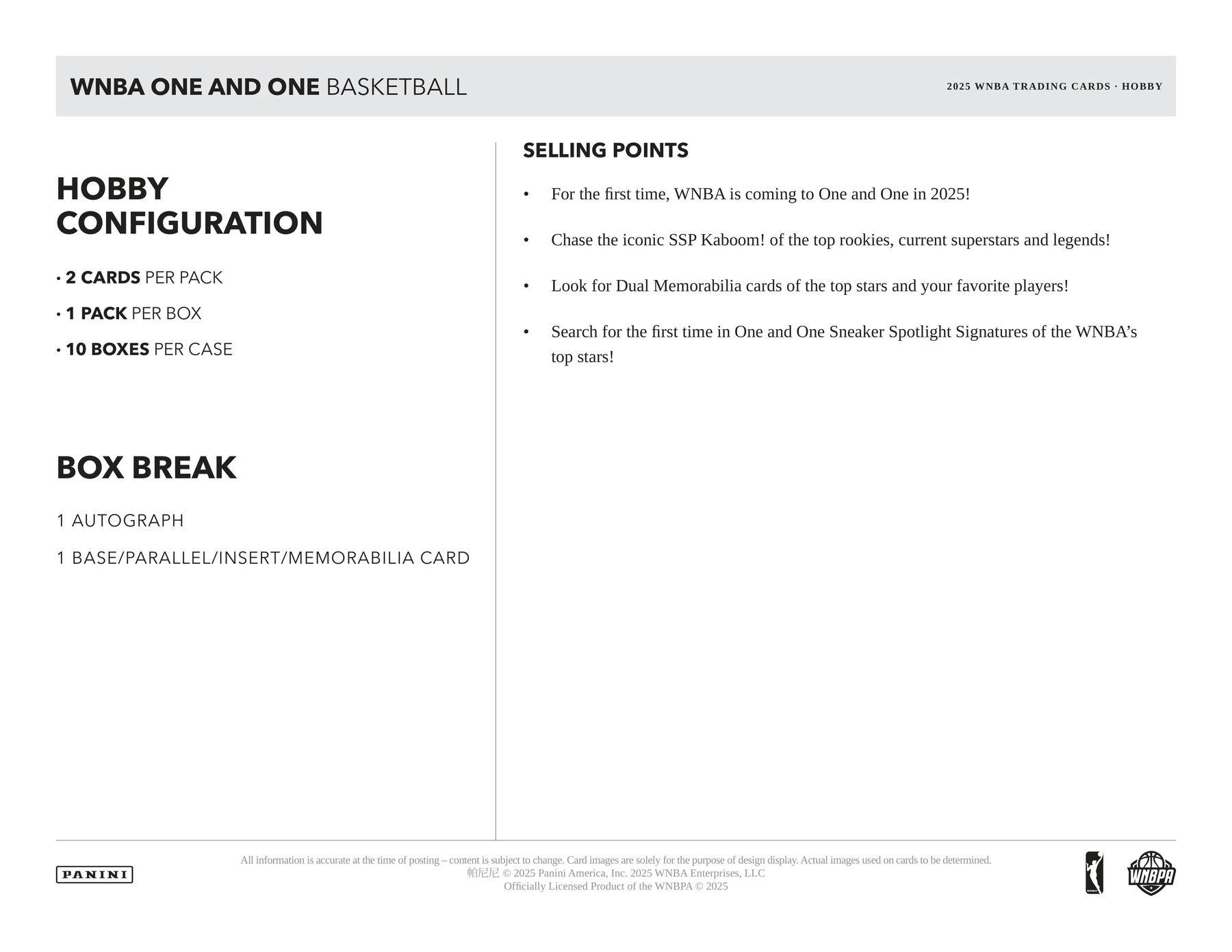 2025 Panini One and One WNBA Basketball Hobby Box | Columbia Sports Cards - Columbia Hobby - Sports Card Boxes - Toploaders - Card Savers