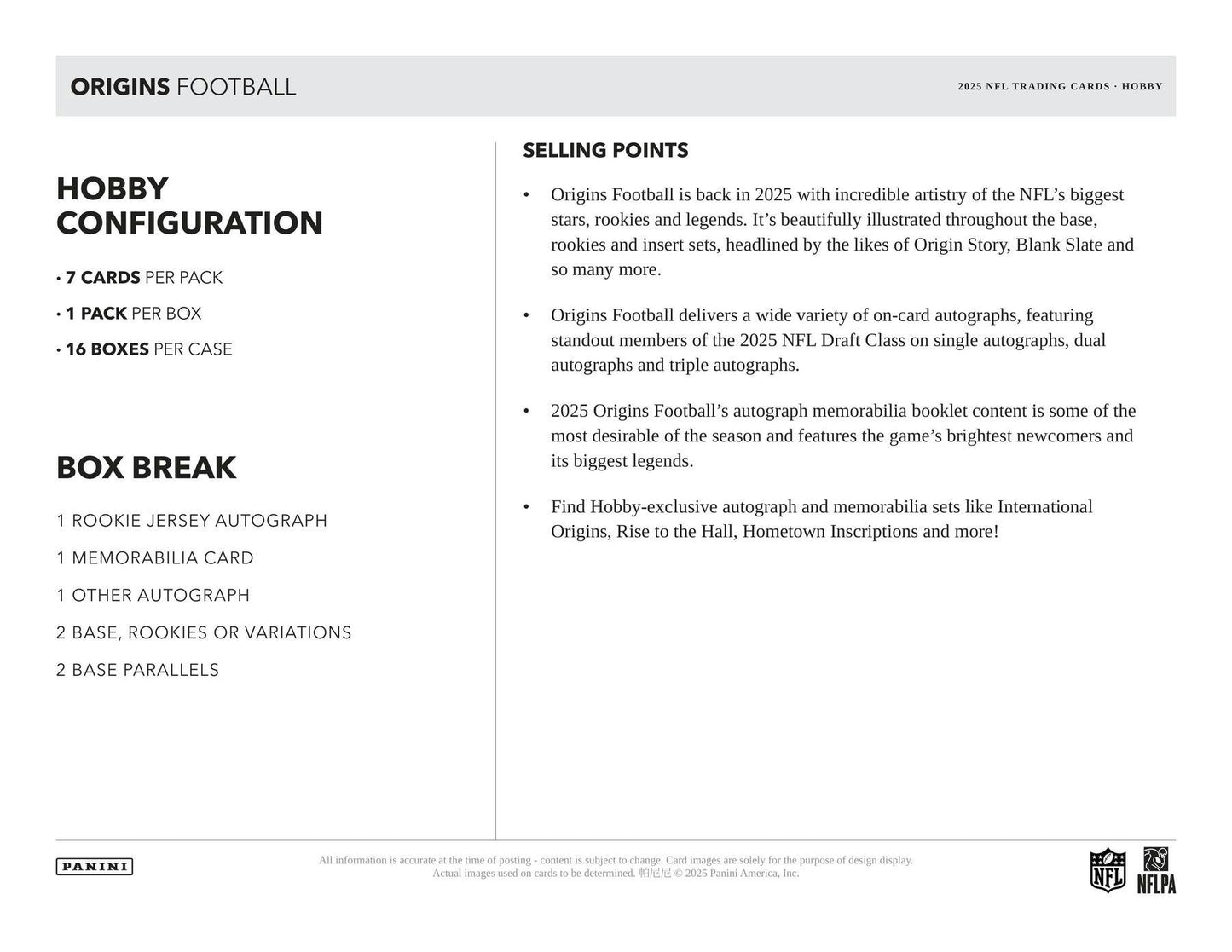 2025 Panini Origins Football Hobby Box | Columbia Sports Cards - Columbia Hobby - Sports Card Boxes - Toploaders - Card Savers