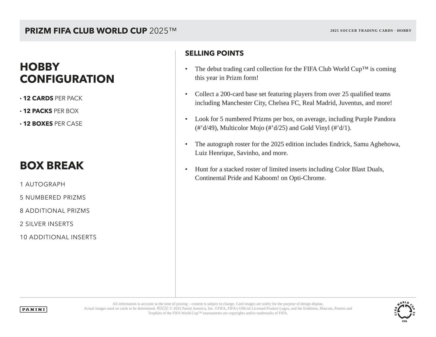 2025 Panini Prizm FIFA Club World Cup Soccer Hobby Box | Columbia Sports Cards - Columbia Hobby - Sports Card Boxes - Toploaders - Card Savers