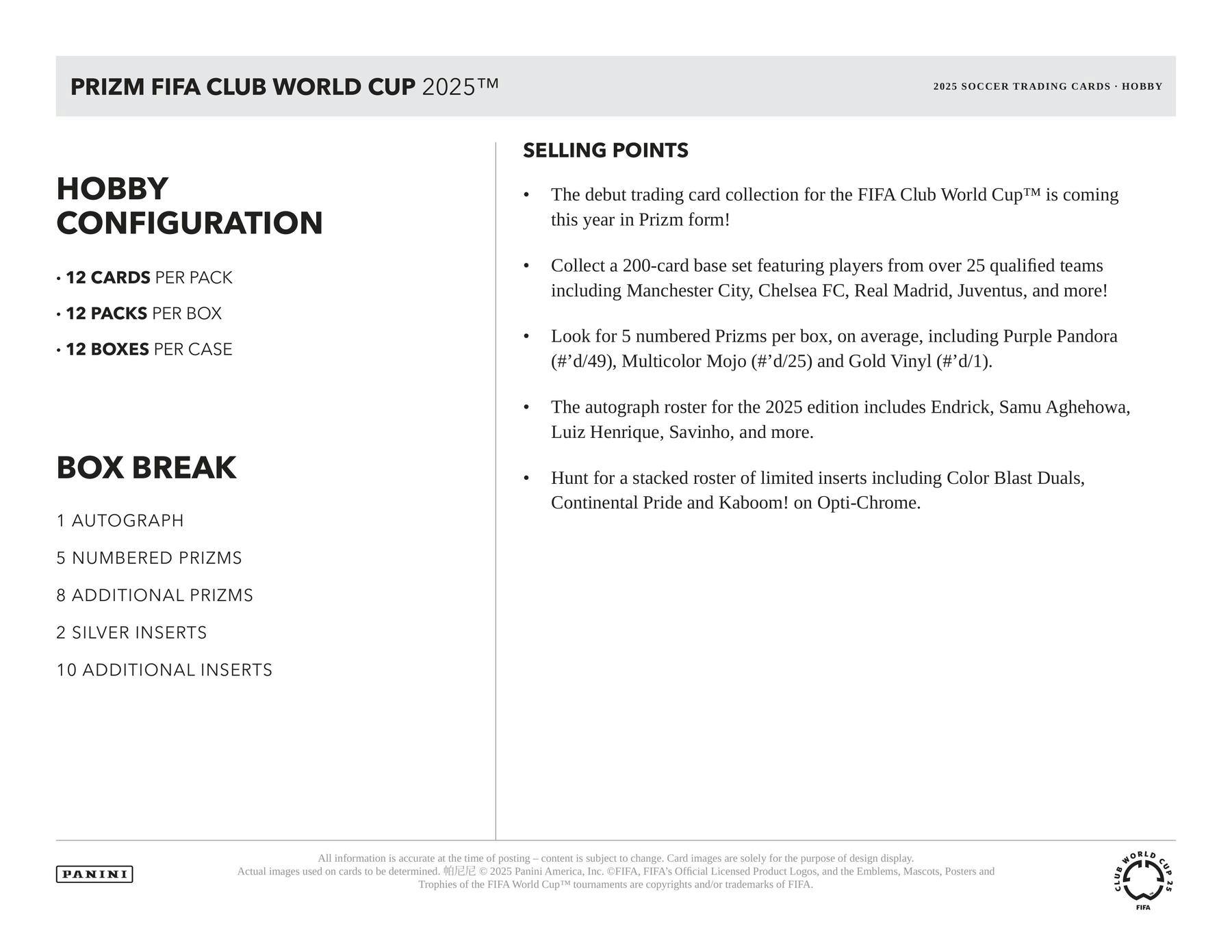 2025 Panini Prizm FIFA Club World Cup Soccer Hobby Box | Columbia Sports Cards - Columbia Hobby - Sports Card Boxes - Toploaders - Card Savers