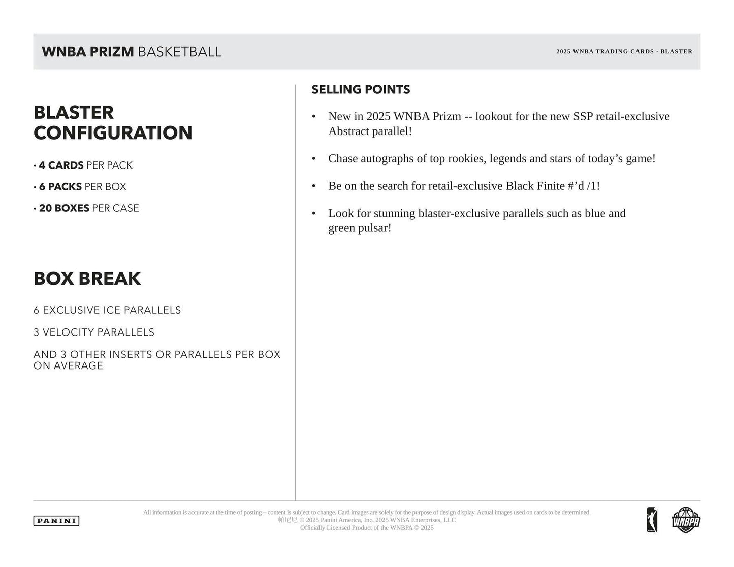 2025 Panini Prizm WNBA Basketball 6 - Pack Blaster Box (Ice Prizms) | Columbia Sports Cards - Columbia Hobby - Sports Card Boxes - Toploaders - Card Savers