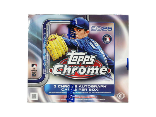 2025 Topps Chrome Baseball Hobby Jumbo Box Front

Topps Chrome 2025 Jumbo Box Contents

Chrome Rookie Autograph Card Sample

2025 Topps Chrome Insert Set Highlights

Helix and Hobby Masters Short Print Example
