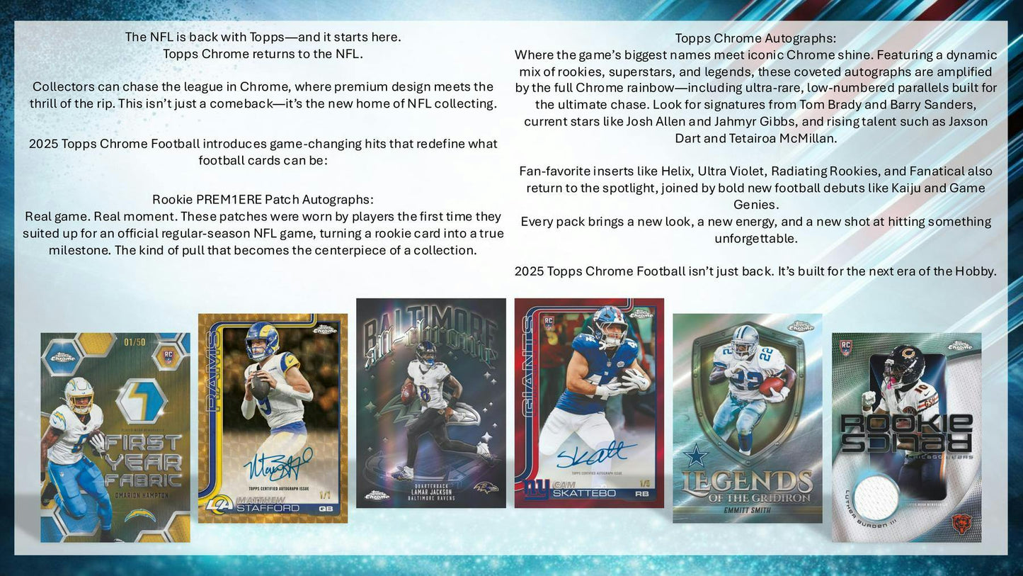 2025 Topps Chrome Football Jumbo Box | Columbia Sports Cards - Columbia Hobby - Sports Card Boxes - Toploaders - Card Savers