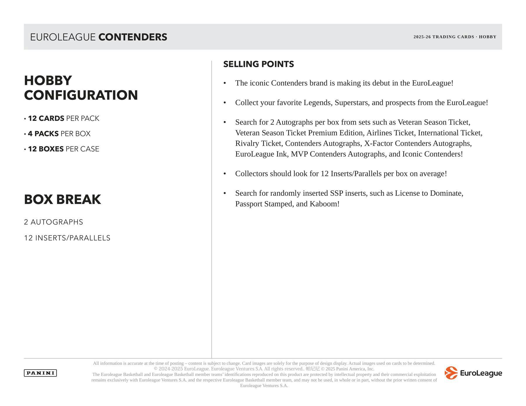 2025/26 Panini Contenders EuroLeague Basketball Hobby Box | Columbia Sports Cards - Columbia Hobby - Sports Card Boxes - Toploaders - Card Savers