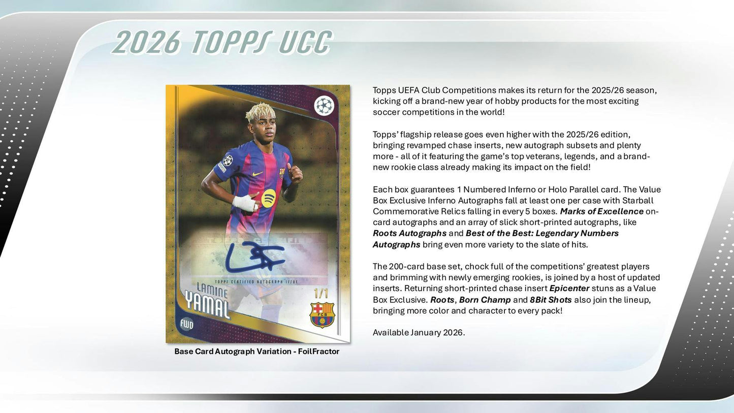 2025/26 Topps UEFA Club Competitions Soccer 7 - Pack Blaster Box | Columbia Sports Cards - Columbia Hobby - Sports Card Boxes - Toploaders - Card Savers