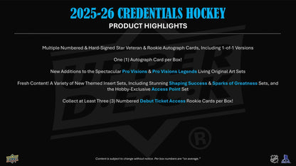2025/26 Upper Deck Credentials Hockey Hobby Box - Columbia Hobby - Sports Card Boxes - Toploaders - Card Savers