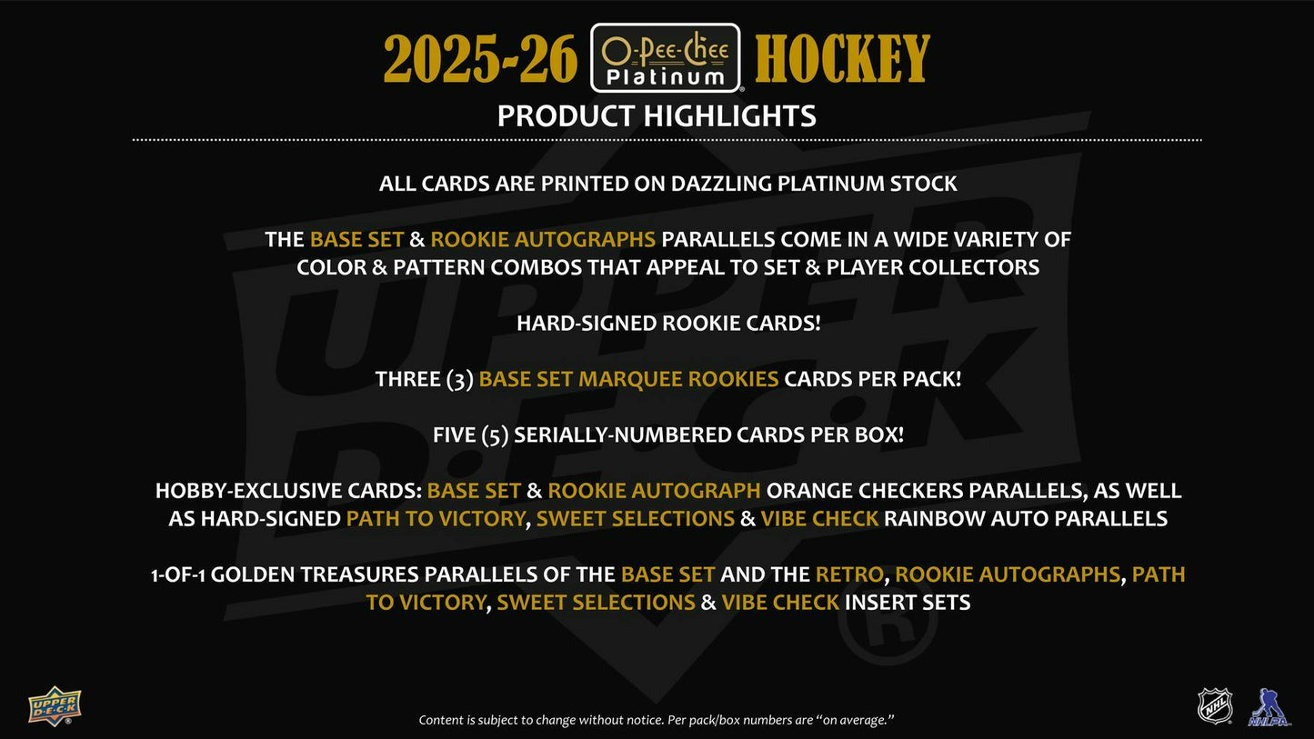 2025/26 Upper Deck O - Pee - Chee Platinum Hockey Hobby Box - Columbia Hobby - Sports Card Boxes - Toploaders - Card Savers