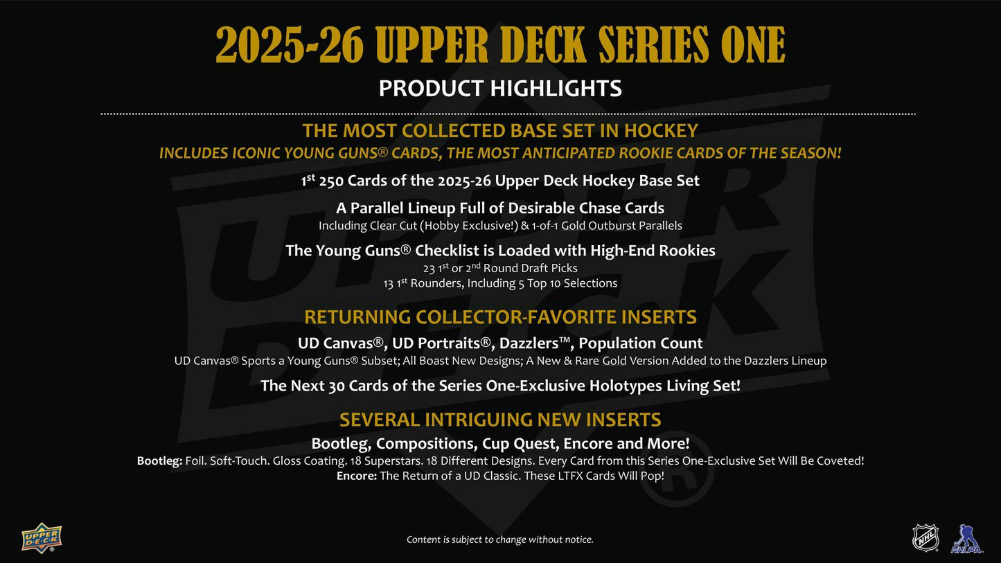 2025/26 Upper Deck Series 1 Hockey Hobby Box - Columbia Hobby - Sports Card Boxes - Toploaders - Card Savers