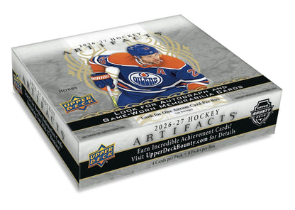 2026/27 Upper Deck Artifacts Hockey Hobby Box
2026/27 Upper Deck Artifacts Hockey base and numbered parallel cards
2026/27 Upper Deck Artifacts Hockey rookie cards
2026/27 Upper Deck Artifacts Hockey autograph cards
2026/27 Upper Deck Artifacts Hockey premium memorabilia cards
2026/27 Upper Deck Artifacts Hockey Aurum Bounty card
2026/27 Upper Deck Artifacts Hockey Antiquity hard-signed autograph card
2026/27 Upper Deck Artifacts Alex Ovechkin Arena Artifacts memorabilia card
2026/27 Upper Deck Artifacts Ho