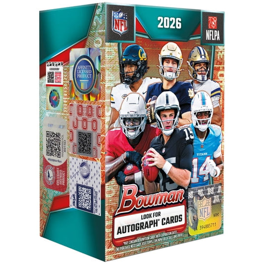 2026 Bowman Football Blaster Box
2026 Bowman Football 1st Bowman prospect card
2026 Bowman Football collegiate prospect card
2026 Bowman Football NFL rookie card
2026 Bowman Football autograph card
2026 Bowman Football Bowman Spotlights insert card
2026 Bowman Football Crystallized insert card
2026 Bowman Football Etched-In Glass insert card
2026 Bowman Football Anime insert card
2026 Bowman Football GPK insert card
2026 Bowman Football Red Rookie Redemption card