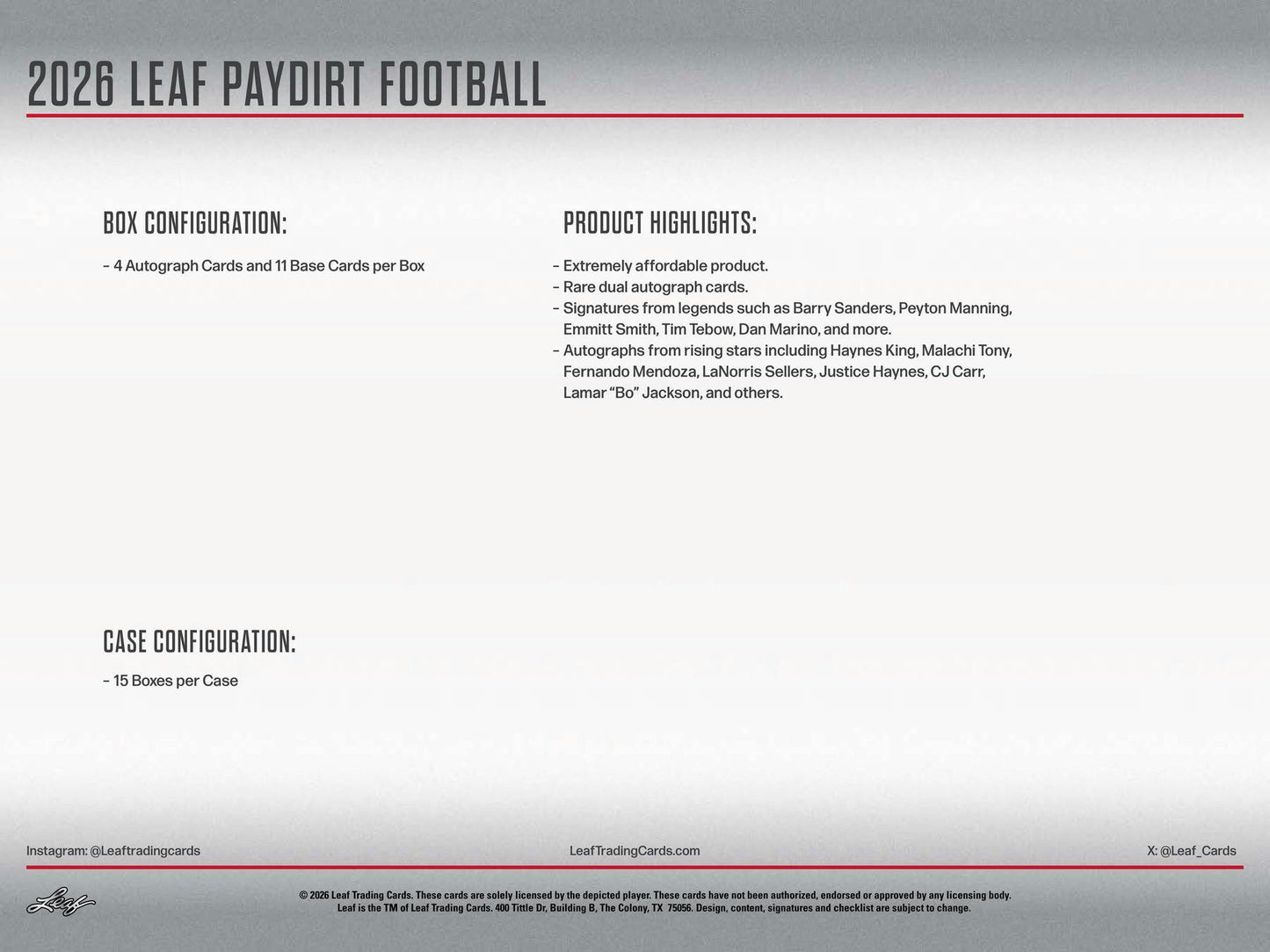 2026 Leaf Paydirt Football Hobby Box | Columbia Sports Cards - Columbia Hobby - Sports Card Boxes - Toploaders - Card Savers