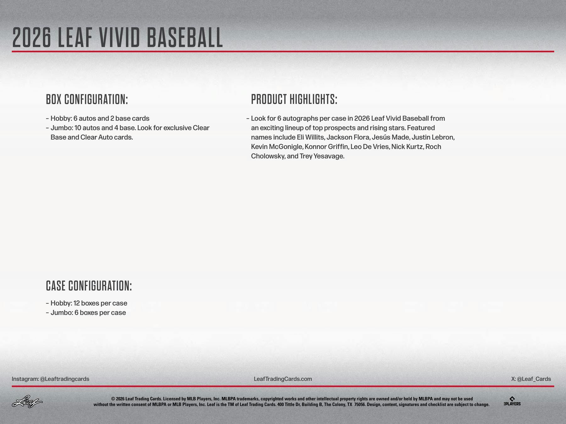 2026 Leaf Vivid Baseball Hobby Box | Columbia Sports Cards - Columbia Sports Cards