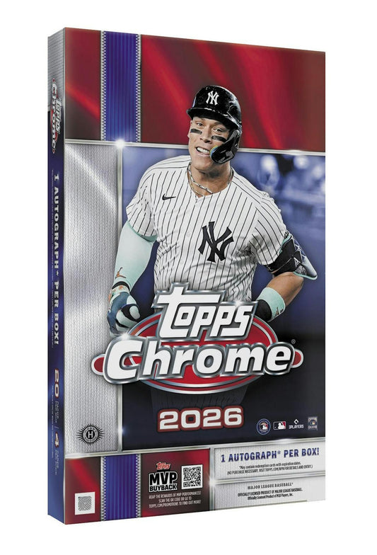 2026 Topps Chrome Baseball Hobby Box featuring one autograph, Chrome rookie cards, and Hobby-exclusive inserts.
Back of the 2026 Topps Chrome Baseball Hobby Box showing product information and box configuration.
2026 Topps Chrome Baseball hobby pack featuring MLB stars and rookies.
2026 Topps Chrome Baseball promotional sell sheet highlighting Shadow Etch case hits, Chromographs, Future Stars Autographs, Gold Logoman chase cards, and Hobby-exclusive inserts.