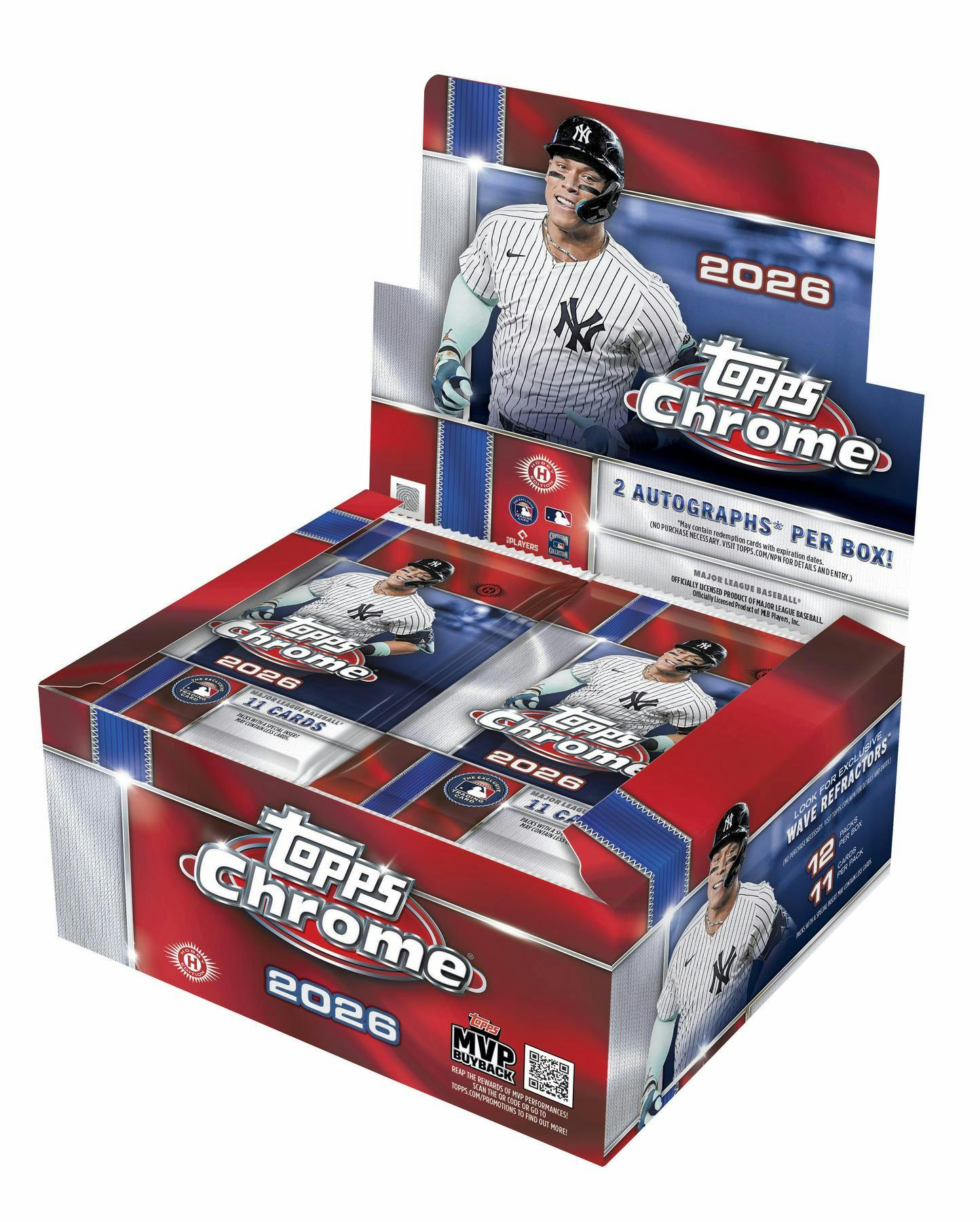 2026 Topps Chrome Baseball Jumbo Hobby Box featuring two autographs and exclusive Wave Refractor parallels.
Back of the 2026 Topps Chrome Baseball Jumbo Hobby Box showing product details and box configuration.
2026 Topps Chrome Baseball Jumbo hobby pack featuring MLB stars and top rookies.
2026 Topps Chrome Baseball Jumbo promotional sell sheet highlighting Wave Refractors, Helix case hits, Chromographs, Future Stars Autographs, Gold Logoman chase cards, and Hobby-exclusive inserts.