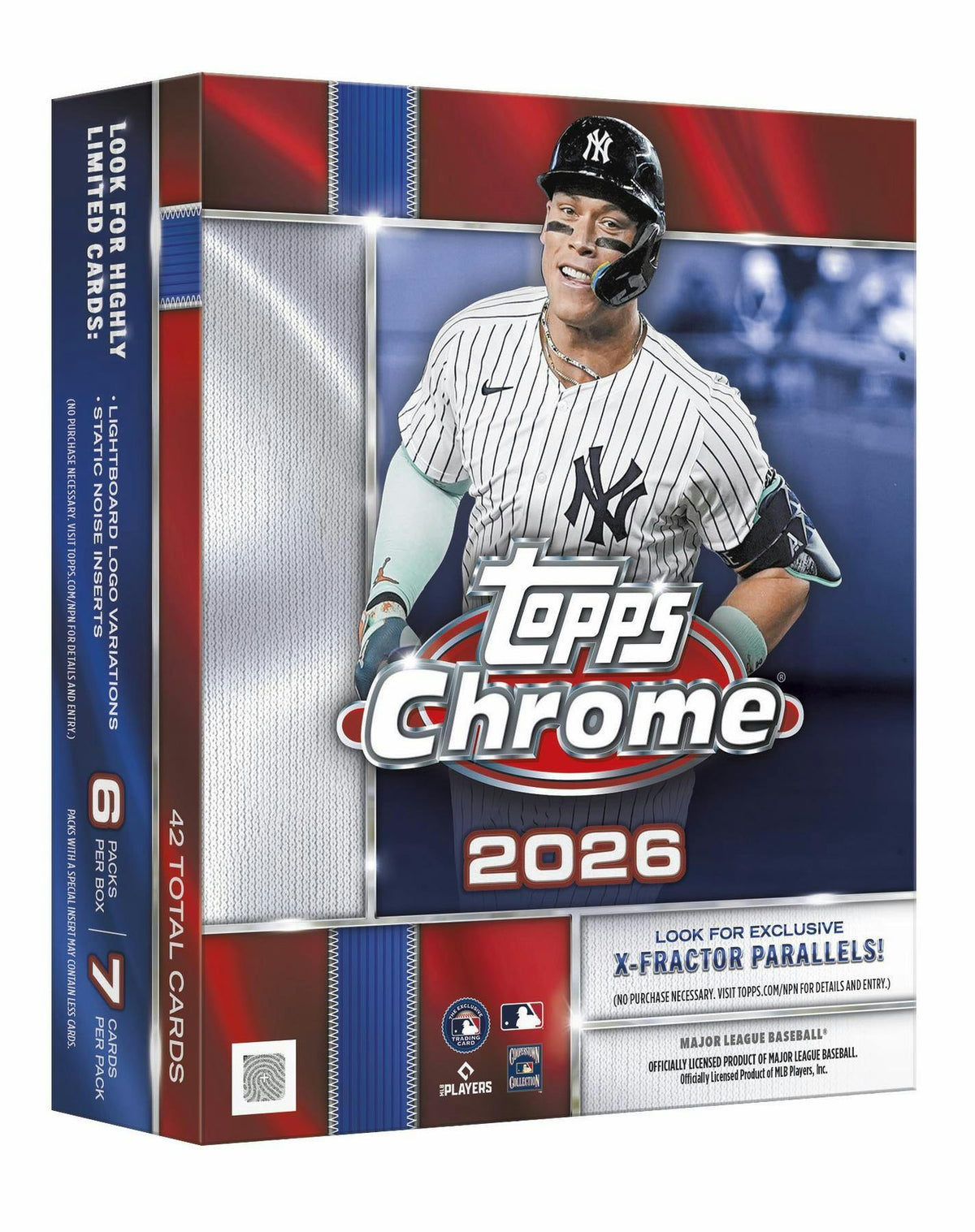 2026 Topps Chrome Baseball Mega Box featuring exclusive X-Fractor parallels and Lightboard Logo variation cards.
Back of the 2026 Topps Chrome Baseball Mega Box showing product details and Mega-exclusive content.
2026 Topps Chrome Baseball Mega pack featuring MLB stars, rookies, and premium chromium cards.
2026 Topps Chrome Baseball sell sheet highlighting X-Fractors, Retail Rookie Autographs, Helix case hits, and Gold Logoman chase cards.