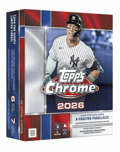 2026 Topps Chrome Baseball Mega Box featuring exclusive X-Fractor parallels and Lightboard Logo variation cards.
Back of the 2026 Topps Chrome Baseball Mega Box showing product details and Mega-exclusive content.
2026 Topps Chrome Baseball Mega pack featuring MLB stars, rookies, and premium chromium cards.
2026 Topps Chrome Baseball sell sheet highlighting X-Fractors, Retail Rookie Autographs, Helix case hits, and Gold Logoman chase cards.
