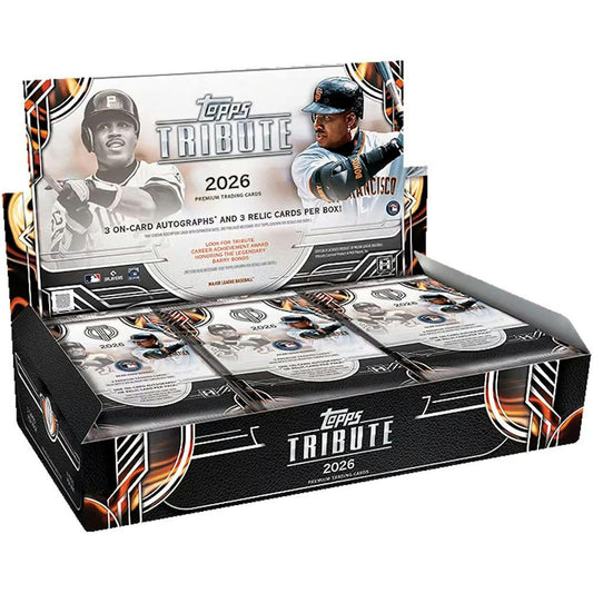 2026 Topps Tribute Baseball Hobby Box featuring premium on-card autographs and relic cards.
Back of the 2026 Topps Tribute Baseball Hobby Box showing product details and box configuration.
2026 Topps Tribute Baseball hobby pack featuring premium MLB trading cards.
2026 Topps Tribute Baseball promotional sell sheet highlighting Barry Bonds Career Achievement cards, Prime Patch Autograph Relics, Tribute Threads, and premium memorabilia.