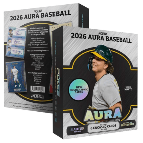 2026 Pulse Aura Baseball Hobby Box
2026 Pulse Aura Baseball Pulse Chromium trading card
2026 Pulse Aura Baseball autograph card
2026 Pulse Aura Baseball Aura Signatures autograph card
2026 Pulse Aura Baseball Flashpoint autograph card
2026 Pulse Aura Baseball Mirage autograph card
2026 Pulse Aura Baseball Laser Focused autograph card
2026 Pulse Aura Baseball dual signature card
2026 Pulse Aura Baseball triple signature card
2026 Pulse Aura Baseball Chroma Max insert card
2026 Pulse Aura Baseball Spectrum in