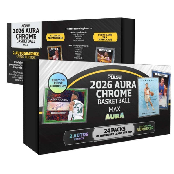 2026 Pulse Aura Chrome Basketball Max Edition Box containing 24 packs and 2 autographs

2026 Pulse Aura Chrome Basketball individually wrapped Max Edition trading card pack

2026 Pulse Aura Chrome Basketball serial-numbered chrome trading card

2026 Pulse Aura Chrome Basketball premium autograph trading card

2026 Pulse Aura Basketball card featuring Pulse Chromium technology and chrome finish

2026 Pulse Aura Chrome Basketball featured player checklist with superstars and legends