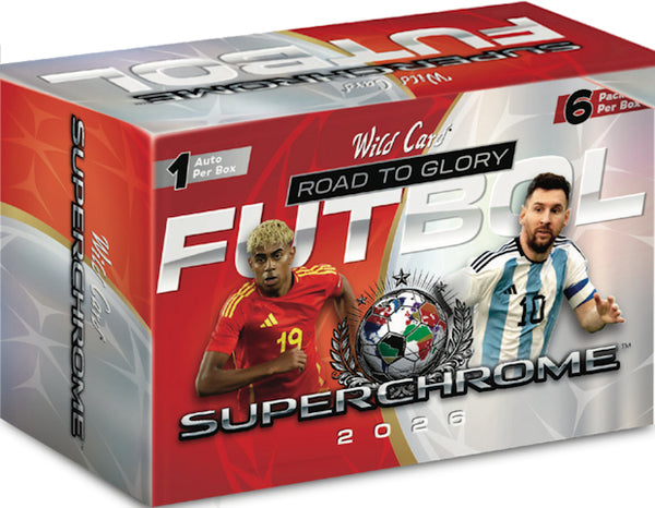 2026 Wild Card SuperChrome Soccer Road To Glory Hobby Box sealed trading card box featuring encased cards, 1 autograph, and 1 true one-of-one card.
Back of the 2026 Wild Card SuperChrome Soccer Road To Glory Hobby Box showing product details and box configuration.
2026 Wild Card SuperChrome Soccer Road To Glory individually wrapped trading card pack.
2026 Wild Card SuperChrome Soccer Road To Glory promotional sell sheet highlighting Kings of the Cup inserts, Team Color Match 1-of-1 cards, and premium case h