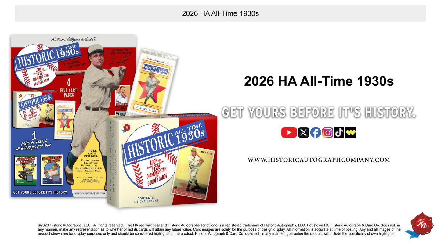 2026 Historic Autographs All-Time 1930s Baseball Hobby Box | Columbia Sports Cards | Columbia Hobby - Sports Card Boxes - Toploaders - Card Savers.