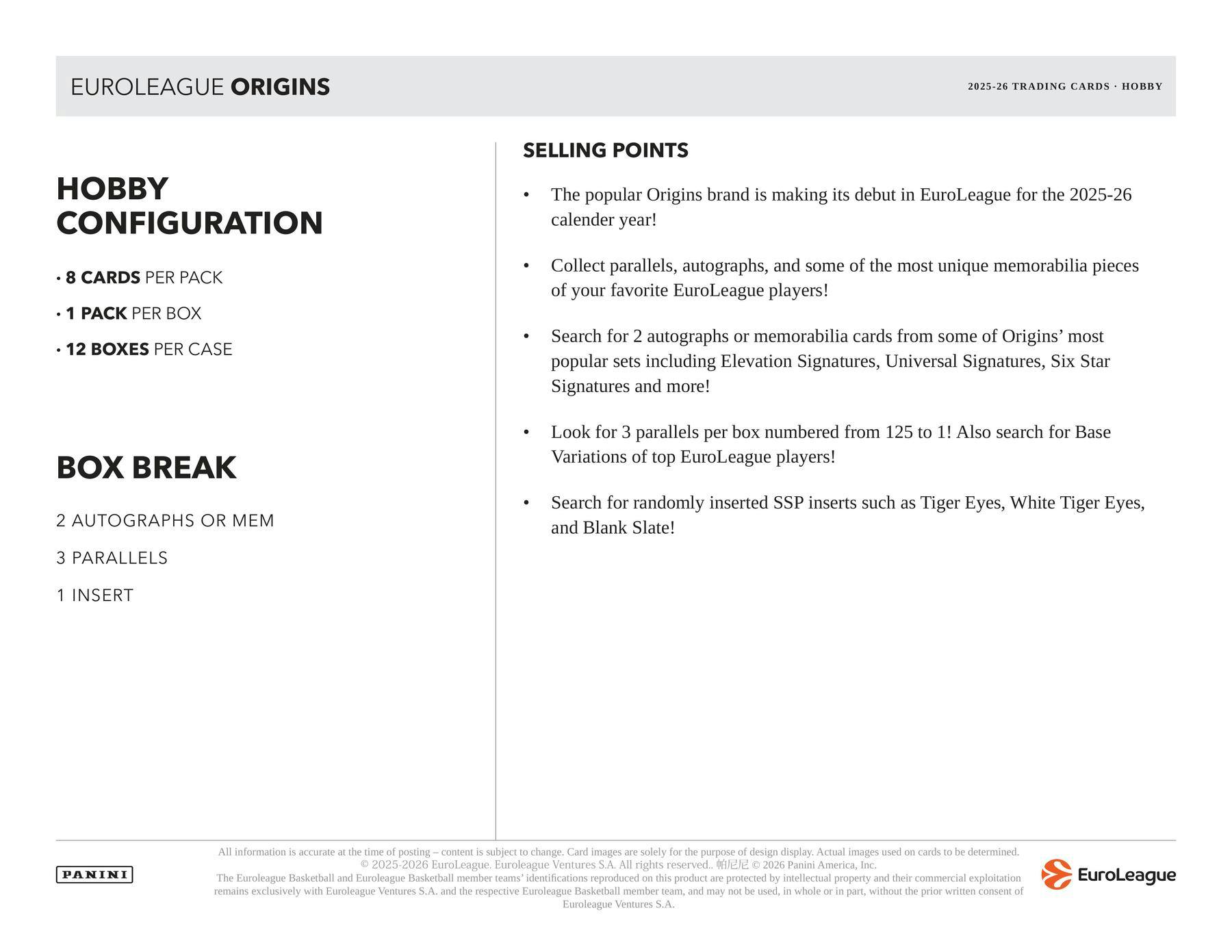 2025/26 Panini Origins EuroLeague Basketball Hobby Box | Columbia Sports Cards | Columbia Hobby - Sports Card Boxes - Toploaders - Card Savers.