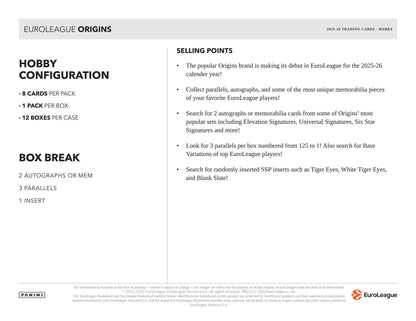 2025/26 Panini Origins EuroLeague Basketball Hobby Box | Columbia Sports Cards | Columbia Hobby - Sports Card Boxes - Toploaders - Card Savers.
