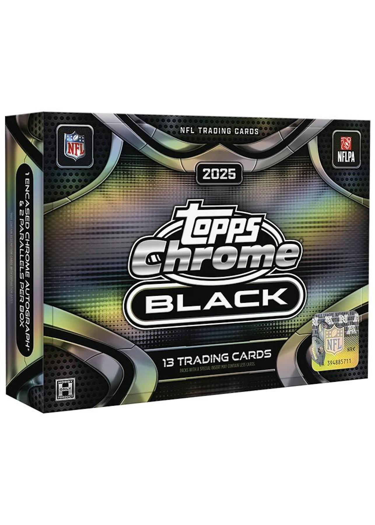2025 Topps Chrome Black Football Hobby Box sealed trading card box featuring 1 autograph card and premium Chrome Black designs.
Back of the 2025 Topps Chrome Black Football Hobby Box showing product details and box configuration.
2025 Topps Chrome Black Football trading card pack artwork.
2025 Topps Chrome Black Football promotional sell sheet highlighting rookie autographs, Nocturnal inserts, Black Lightning case hits, and Super Future Autographs.