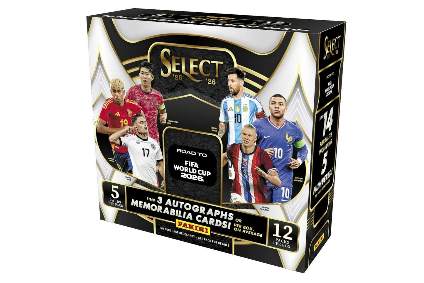 2025/26 Panini Select Road to FIFA World Cup Soccer Hobby Box featuring 3 autograph or memorabilia cards and premium Select parallels.
Back of the 2025/26 Panini Select Road to FIFA World Cup Soccer Hobby Box showing product details and box configuration.
2025/26 Panini Select Road to FIFA World Cup Soccer trading card pack artwork.
2025/26 Panini Select Road to FIFA World Cup Soccer promotional sell sheet highlighting Stained Glass inserts, Select Few Signatures, Team Badges, and premium autograph memorabi