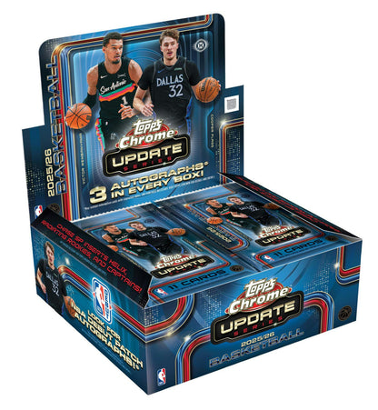 2025/26 Topps Chrome Update Series Basketball Hobby Jumbo Box featuring three autographs and NBA Debut Patch Autograph chase cards.
Back of the 2025/26 Topps Chrome Update Basketball Hobby Jumbo Box showing product details and Jumbo configuration.
2025/26 Topps Chrome Update Basketball Hobby Jumbo pack featuring NBA rookies, stars, Chrome parallels, and autograph cards.
2025/26 Topps Chrome Update Basketball sell sheet highlighting NBA Debut Patch Autographs, Minions NBA, Helix, and Lava Lamp Rookie Autogra