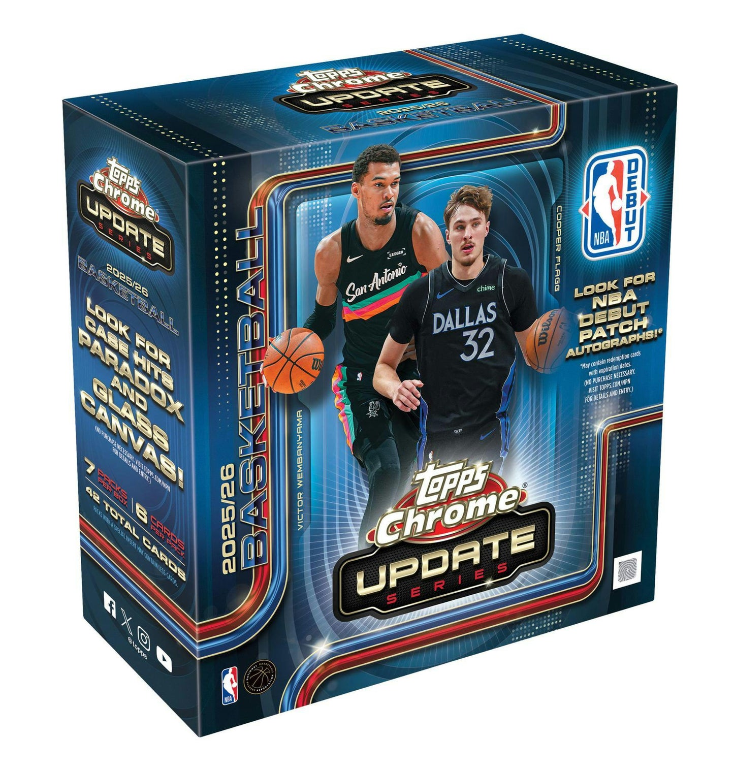 2025/26 Topps Chrome Update Series Basketball Mega Box featuring exclusive Ray Wave and X-Fractor parallels.
Back of the 2025/26 Topps Chrome Update Basketball Mega Box showing product details and box configuration.
2025/26 Topps Chrome Update Basketball Mega pack featuring NBA rookies, stars, and colorful Chrome parallels.
2025/26 Topps Chrome Update Basketball Mega Box parallels featuring Ray Waves, X-Fractors, Lava Lamp autographs, and Retail-exclusive Chromographs.