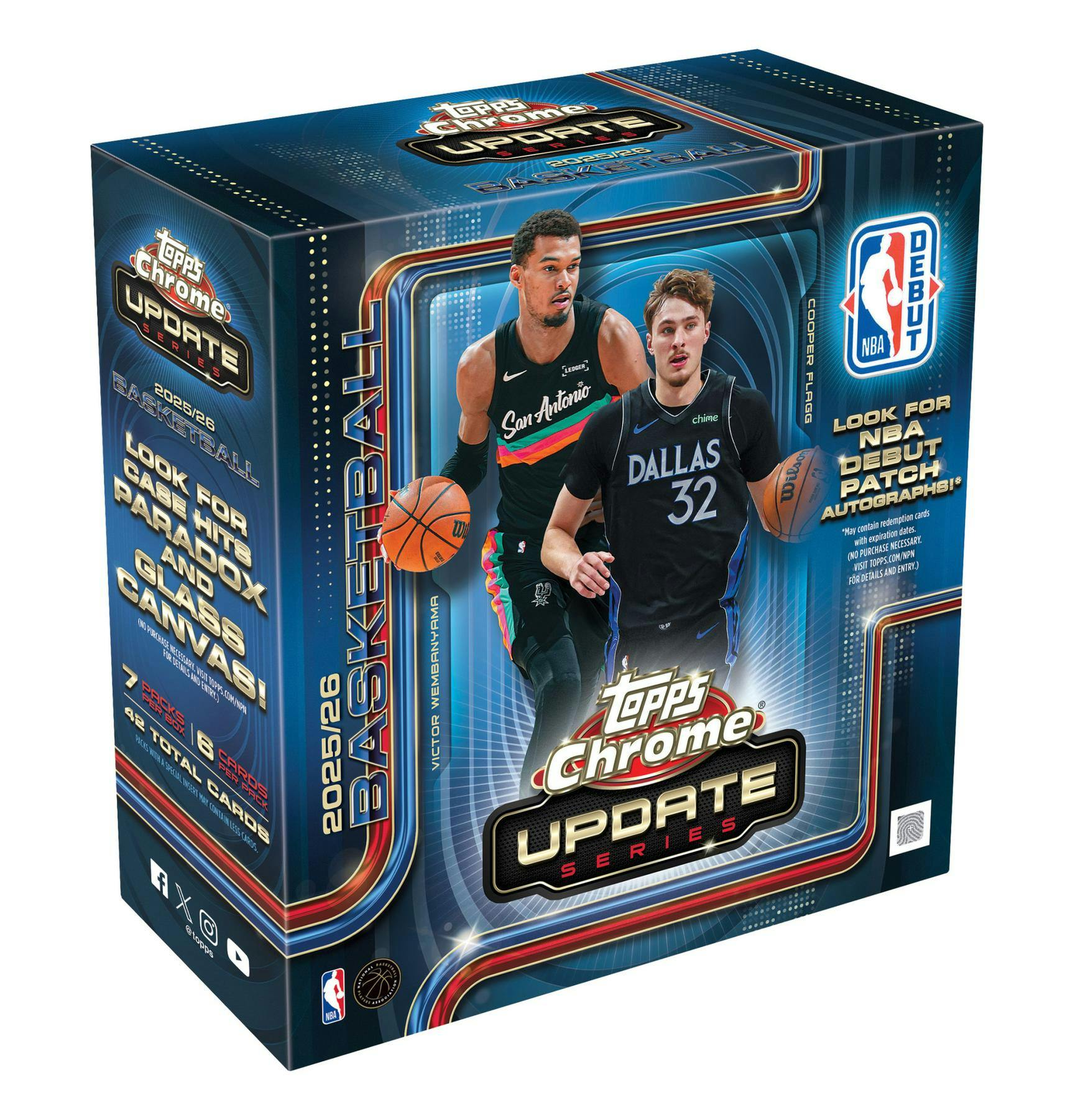 2025/26 Topps Chrome Update Series Basketball Mega Box featuring exclusive Ray Wave and X-Fractor parallels.
Back of the 2025/26 Topps Chrome Update Basketball Mega Box showing product details and box configuration.
2025/26 Topps Chrome Update Basketball Mega pack featuring NBA rookies, stars, and colorful Chrome parallels.
2025/26 Topps Chrome Update Basketball Mega Box parallels featuring Ray Waves, X-Fractors, Lava Lamp autographs, and Retail-exclusive Chromographs.