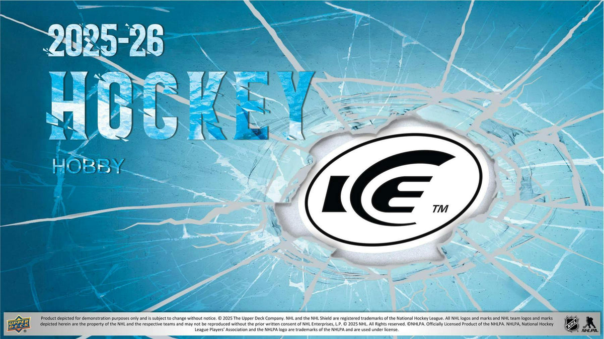 2025/26 Upper Deck Ice Hockey Hobby Box featuring a hard-signed autograph, jersey or patch card, and numbered Ice Premieres rookie.
Back of the 2025/26 Upper Deck Ice Hockey Hobby Box showing product details and the premium eight-card box configuration.
2025/26 Upper Deck Ice Hockey premium hobby pack featuring thick acetate, plexi, autograph, and memorabilia cards.
2025/26 Upper Deck Ice Hockey promotional sell sheet highlighting Ice Premieres, Glacial Graphs, Signature Swatches, Sub Zero rookies, Black Ic