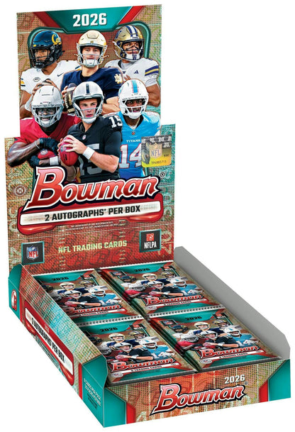 2026 Bowman Football Hobby Box
2026 Bowman Football 1st Bowman prospect card
2026 Bowman Football Chrome Rookie Autograph card
2026 Bowman Football Chrome Prospect Autograph card
2026 Bowman Football Dual Autograph card
2026 Bowman Football Triple Autograph card
2026 Bowman Football Future Script autograph card
2026 Bowman Football 1955 All-American insert card
2026 Bowman Football Anime NFL or NIL case hit
2026 Bowman Football GPK NFL or NIL case hit
2026 Bowman Football Bowman Spotlights card
2026 Bowman 