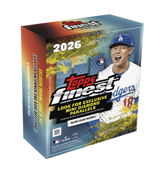 2026 Topps Finest Baseball Mega Box sealed trading card box featuring exclusive Mini Diamond parallels.
Back of the 2026 Topps Finest Baseball Mega Box showing product details and box configuration.
2026 Topps Finest Baseball Mega Box trading card pack artwork.
2026 Topps Finest Baseball promotional sell sheet highlighting autographs, case hits, and SuperFractor parallels.