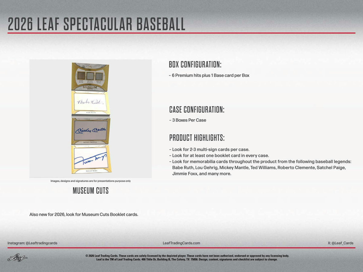 2026 Leaf Spectacular Baseball Hobby Box sell sheet 8