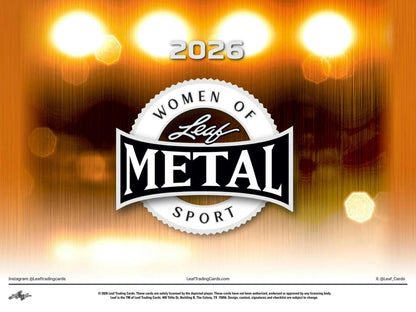 2026 Leaf Metal Women of Sport Hobby Box
2026 Leaf Metal Women of Sport autograph cards featuring female athletes
Leaf Metal Women of Sport Greek Goddess autograph cards
2026 Leaf Women of Sport Queens of Sports die-cut cards