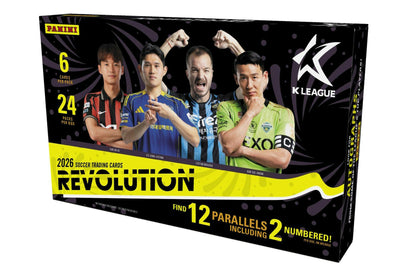2026 Panini Revolution K League Soccer Hobby Box featuring colorful parallels, rookie cards, and Kaboom inserts.
Back of the 2026 Panini Revolution K League Soccer Hobby Box showing product details and box configuration.
2026 Panini Revolution K League Soccer hobby pack featuring K League players and premium inserts.
2026 Panini Revolution K League Soccer cards featuring Galactic, Kaleido, Sunburst, Vortex, and autograph parallels.