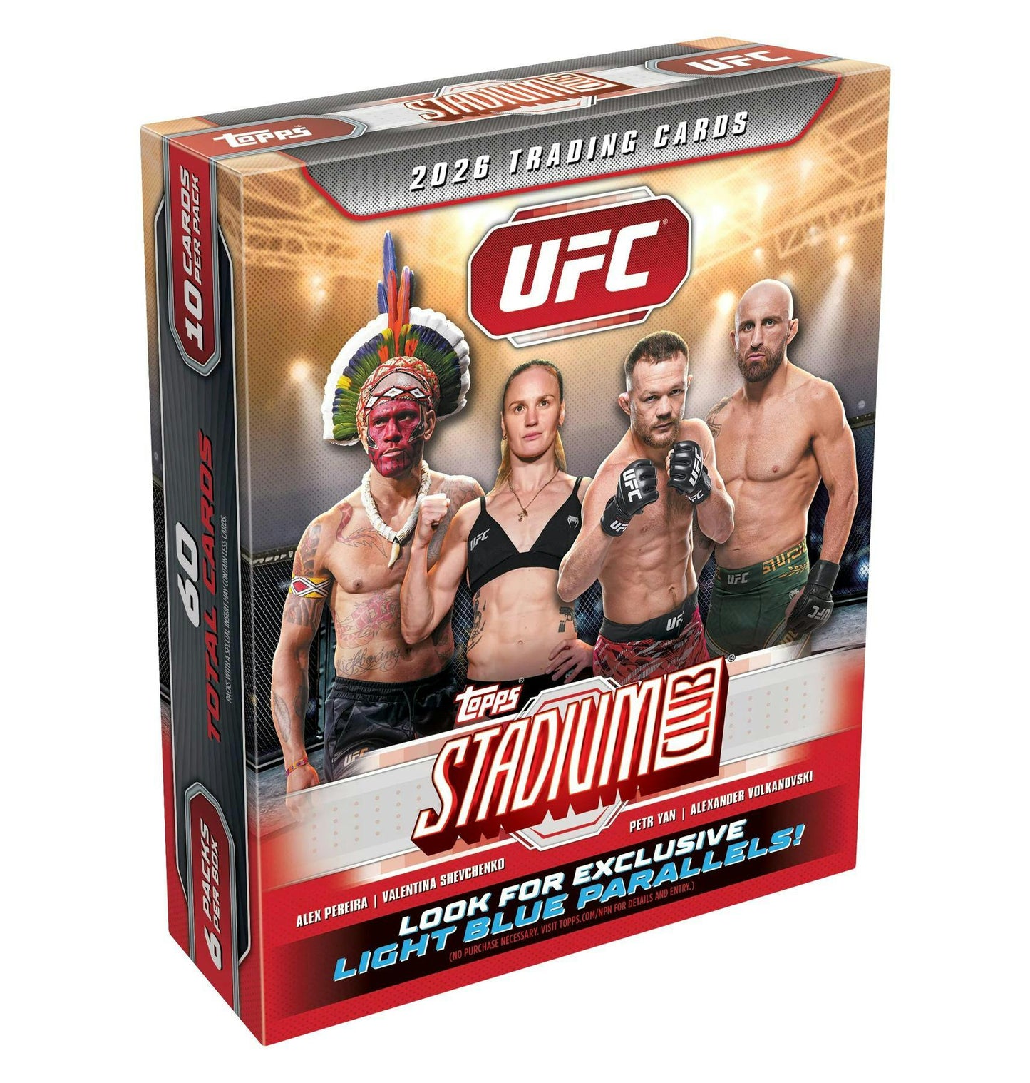 2026 Topps Stadium Club UFC Mega Box sealed trading cards.
Back of the 2026 Topps Stadium Club UFC Mega Box with product information.
2026 Topps Stadium Club UFC Mega trading card pack.
2026 Topps Stadium Club UFC cards featuring premium photography and Light Blue parallels.