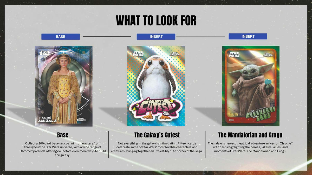 2026 Topps Star Wars Chrome - what to look for: Base, The Galaxy's Cutest and The Mandalorian and Grogu