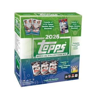 2026 Topps NFL x MLB Official Collector Kit Box featuring baseball and football trading cards

2026 Topps NFL x MLB Collector Kit contents with seven card packs and trading card accessories

Three 2026 Topps Flagship Football trading card packs included in the Collector Kit

Two 2026 Topps Update Series Baseball trading card packs included in the Collector Kit

One 2026 Topps Chrome Baseball trading card pack included in the Collector Kit

2026 Topps Collector Kit exclusive pack containing 10 base