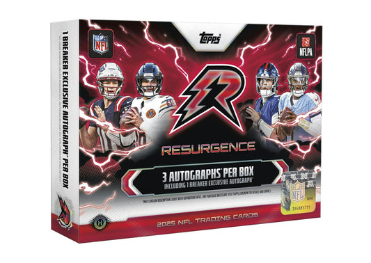 2025 Topps Resurgence Football Delight Box featuring two autographs and one rookie autograph relic card.
Back of the 2025 Topps Resurgence Football Delight Box showing product details and exclusive Static parallels.
2025 Topps Resurgence Football Delight cards featuring colorful chrome designs, rookie autographs, and relic signatures.
2025 Topps Resurgence Football sell sheet highlighting Neon Initiates, Thermal Red Ink Autographs, case hits, and Delight-exclusive parallels.
