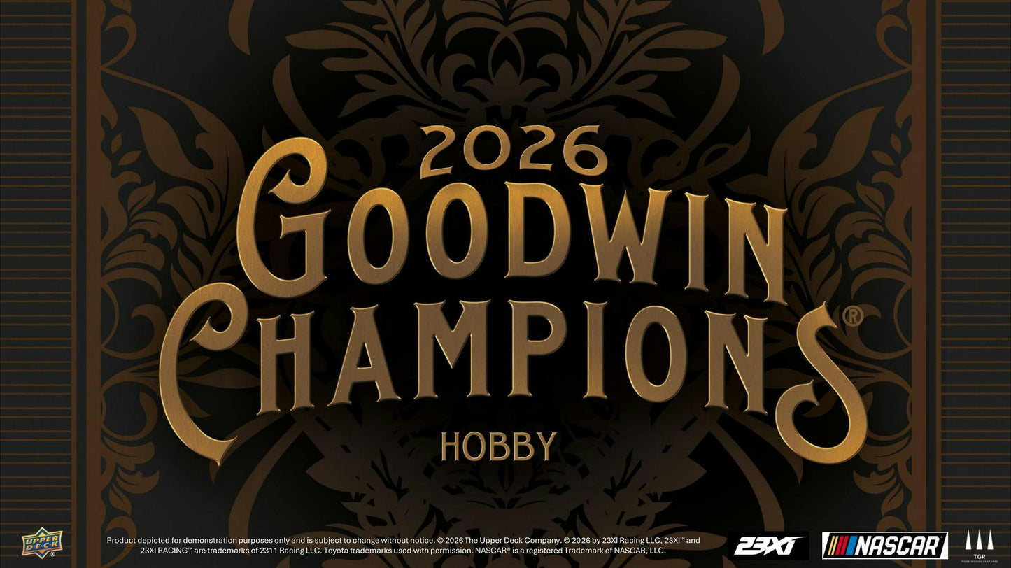 2026 Upper Deck Goodwin Champions Hobby Box sealed multi-sport trading card box featuring Young Guns, Goudey cards, and premium hits.
Back of the 2026 Upper Deck Goodwin Champions Hobby Box showing product details and box configuration.
2026 Upper Deck Goodwin Champions trading card pack artwork.
2026 Upper Deck Goodwin Champions promotional sell sheet highlighting Young Guns, Exquisite Collection cards, autographs, memorabilia, and Goudey inserts.