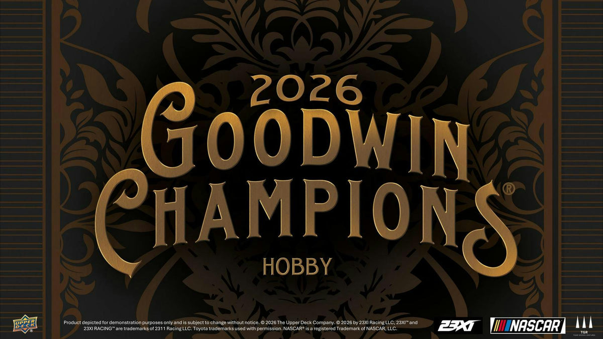 2026 Upper Deck Goodwin Champions Hobby Box sealed multi-sport trading card box featuring Young Guns, Goudey cards, and premium hits.
Back of the 2026 Upper Deck Goodwin Champions Hobby Box showing product details and box configuration.
2026 Upper Deck Goodwin Champions trading card pack artwork.
2026 Upper Deck Goodwin Champions promotional sell sheet highlighting Young Guns, Exquisite Collection cards, autographs, memorabilia, and Goudey inserts.