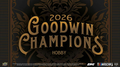 2026 Upper Deck Goodwin Champions Hobby Box sealed multi-sport trading card box featuring Young Guns, Goudey cards, and premium hits.
Back of the 2026 Upper Deck Goodwin Champions Hobby Box showing product details and box configuration.
2026 Upper Deck Goodwin Champions trading card pack artwork.
2026 Upper Deck Goodwin Champions promotional sell sheet highlighting Young Guns, Exquisite Collection cards, autographs, memorabilia, and Goudey inserts.