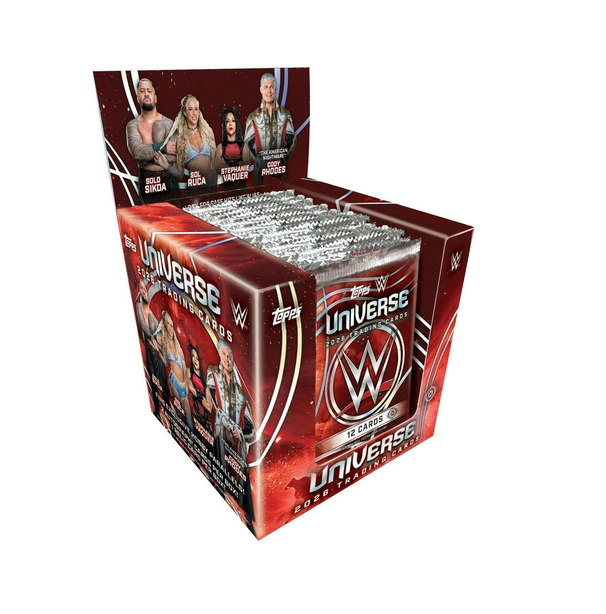 2026 Topps WWE Universe Wrestling Hobby Box
2026 Topps WWE Universe Hobby exclusive Flare Rings and RWB Stars parallels
2026 Topps WWE Universe wrestling autograph cards
2026 Topps WWE Universe WWE Authentics and Ringside Relic cards
2026 Topps WWE Universe Tag Team Relic Autograph cards
2026 Topps WWE Universe Slammed Alias Flashpoint and Echoes case hit inserts