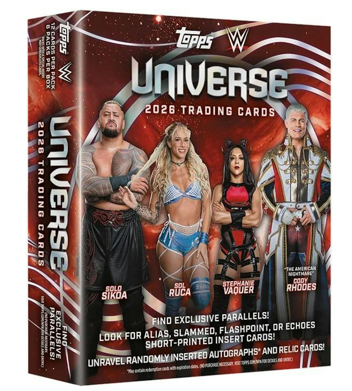 2026 Topps WWE Universe Wrestling Mega Box
2026 Topps WWE Universe Mega Box exclusive Lightning parallels
2026 Topps WWE Universe wrestling autograph cards
2026 Topps WWE Universe WWE Authentics and Ringside Relic cards
2026 Topps WWE Universe Tag Team Relic Autograph cards
2026 Topps WWE Universe Slammed Alias Flashpoint and Echoes case hit inserts